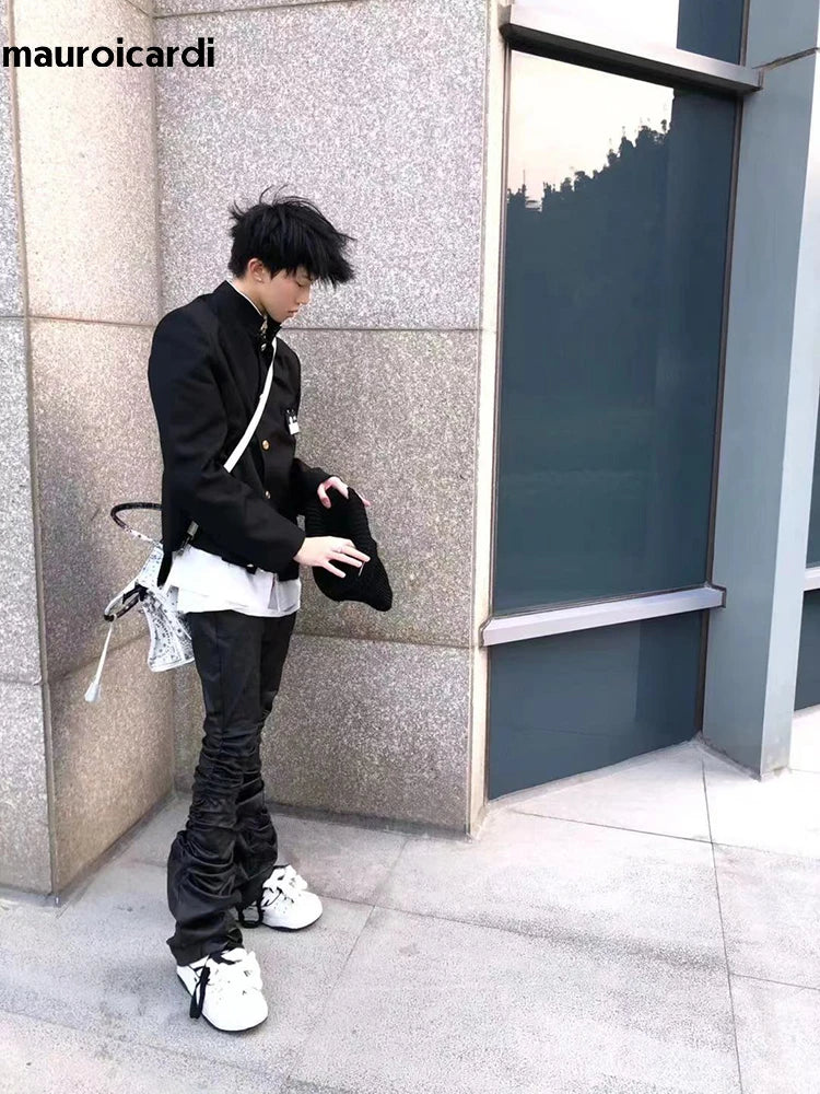 Mauroicardi Spring Autumn Long Fitted Skinny Matte Black Pu Leather Ruched Stacked Pants Men Luxury Designer Clothing Trousers