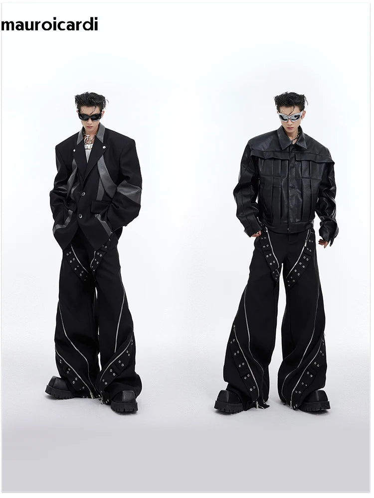 Mauroicardi Spring Cool Long Black Flowy Baggy Wide Leg Pants for Mens Streetwear Fashion Trousers Luxury Designer Clothes 2024