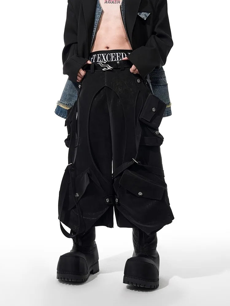 Mauroicardi Spring Summer Cool Black Cargo Shorts for Men High Waist Knee Length Straight Pants Luxury Designer Emo Clothes 2024