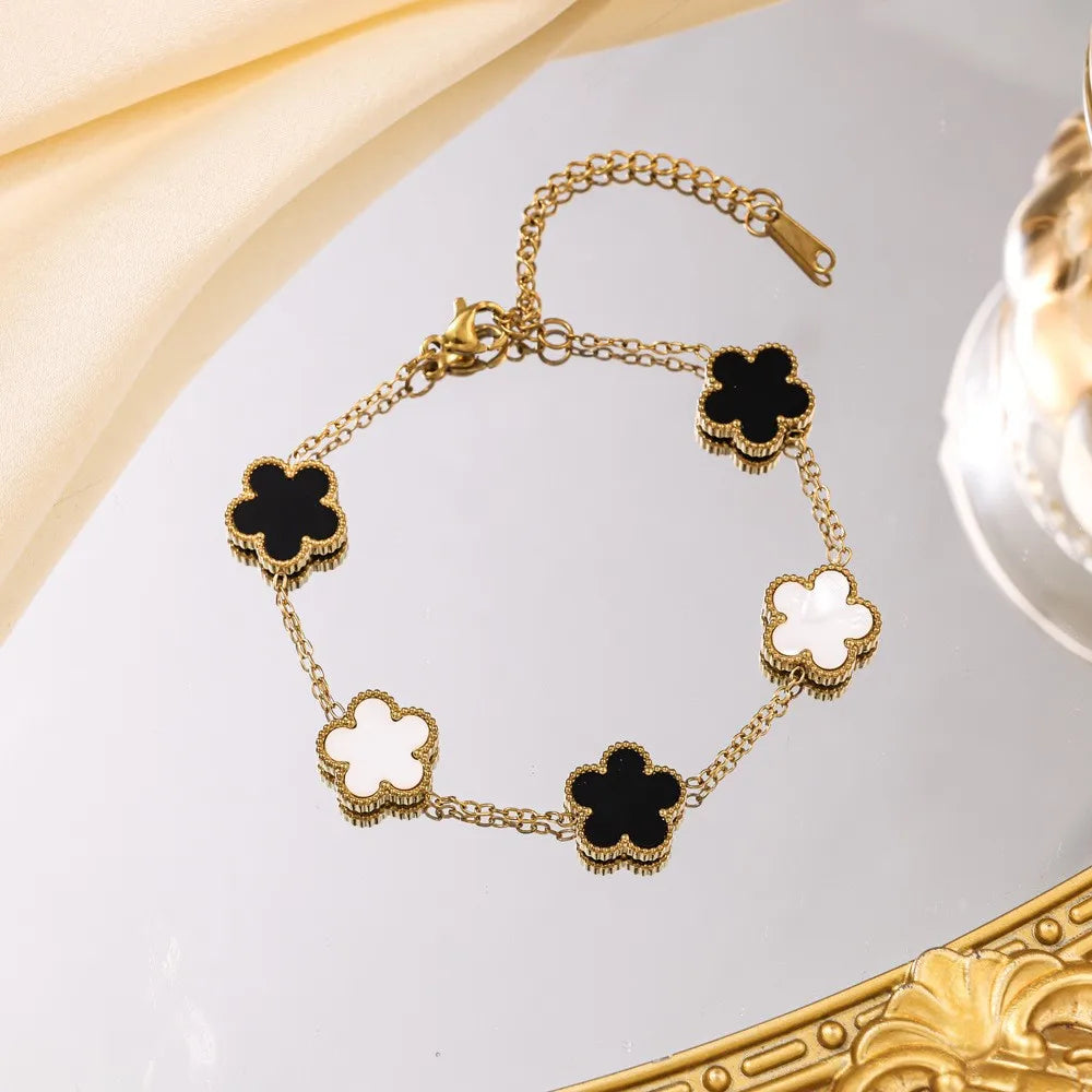Mussel Five-Leaf Plum Blossom Stainless Steel Women's Exquisite Chain Bracelet, 18k Gold Plated, Light Luxury, Lucky Jewelry
