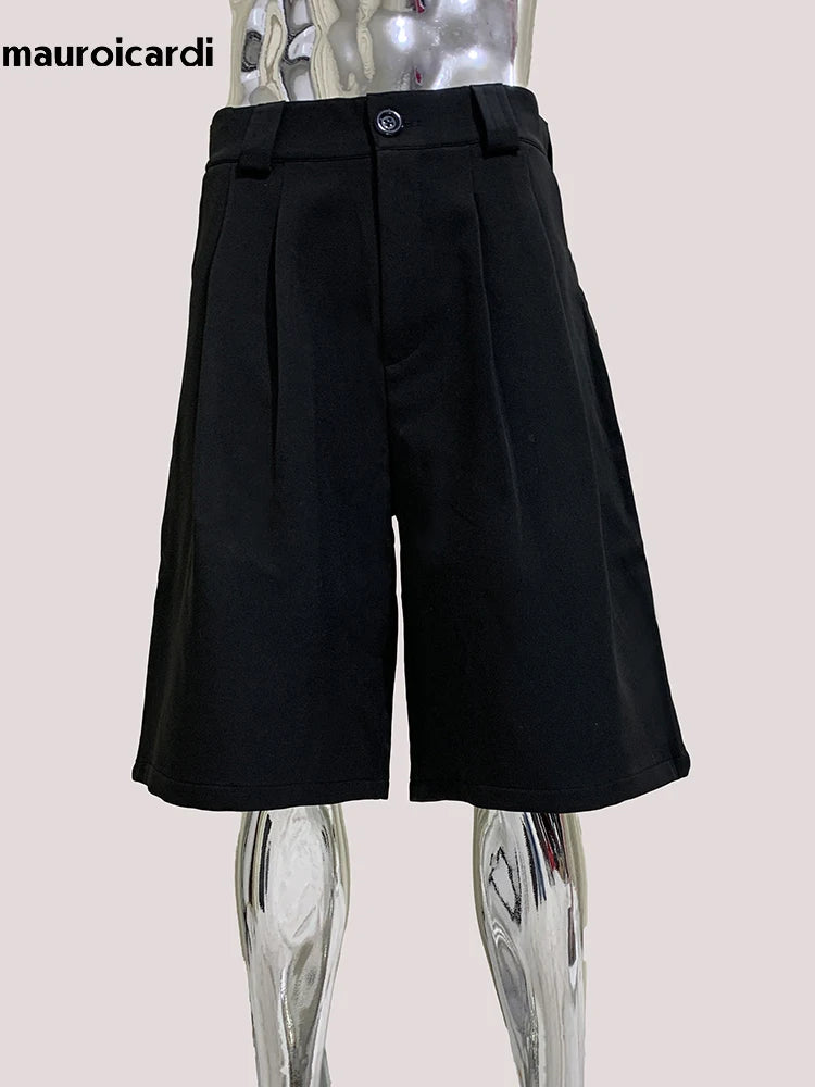 Mauroicardi Spring Summer Casual Soft Black Shorts for Men High Waist Knee Length Straight Pants Korean Fashion Clothes 2025