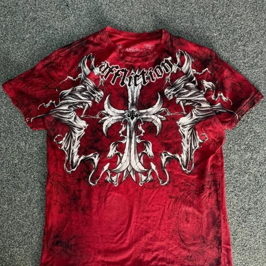 Y2K Red Affliction Cross Logo T Shirt Harajuku Skateboard Street Style Short Sleeves Gothic Summer Round Neck Couple Shirt