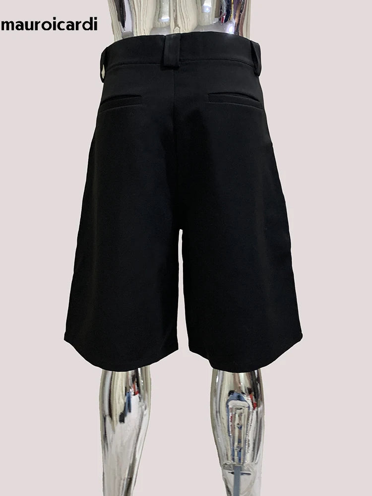 Mauroicardi Spring Summer Casual Soft Black Shorts for Men High Waist Knee Length Straight Pants Korean Fashion Clothes 2025