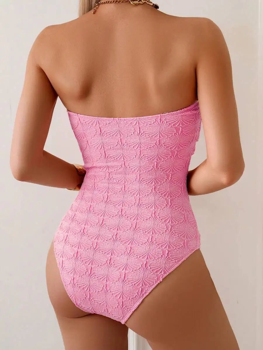 Swim Vcay Women Summer Vacation Pink Shell Jacquard Fabric Starfish Decor Bandeau One-Piece Swimsuit & Beach Outfit