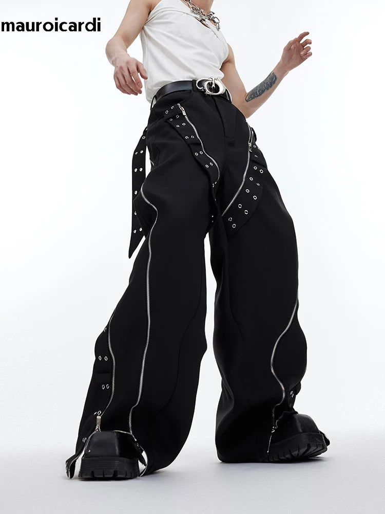 Mauroicardi Spring Cool Long Black Flowy Baggy Wide Leg Pants for Mens Streetwear Fashion Trousers Luxury Designer Clothes 2024