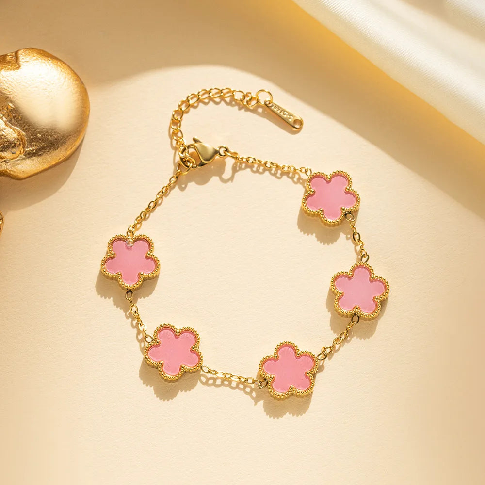 Mussel Five-Leaf Plum Blossom Stainless Steel Women's Exquisite Chain Bracelet, 18k Gold Plated, Light Luxury, Lucky Jewelry