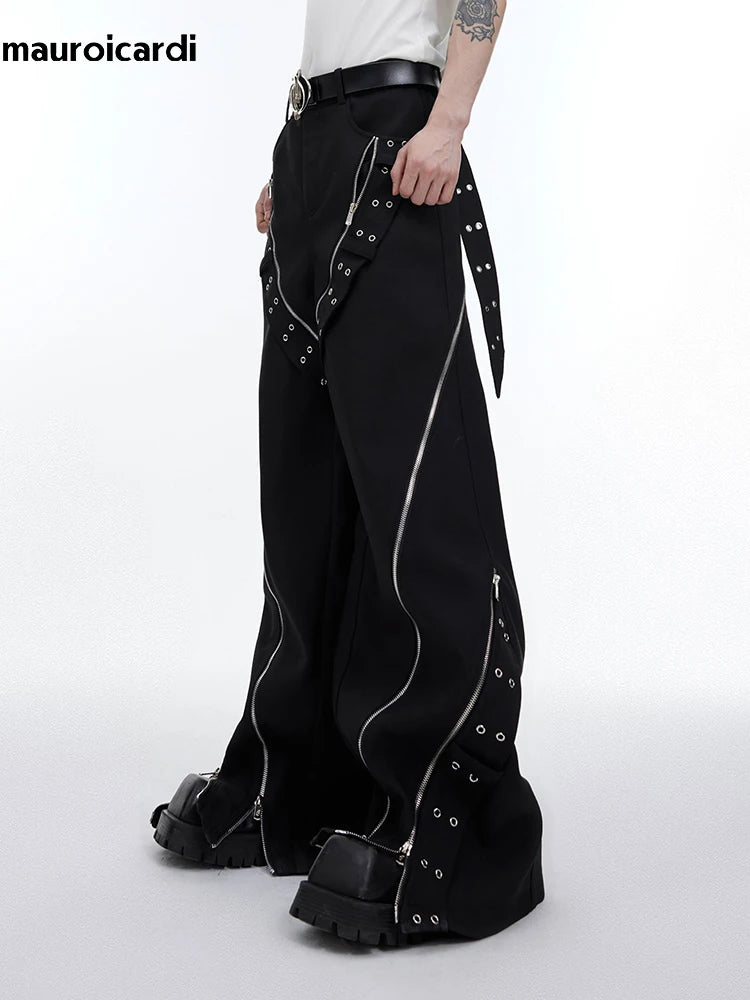 Mauroicardi Spring Cool Long Black Flowy Baggy Wide Leg Pants for Mens Streetwear Fashion Trousers Luxury Designer Clothes 2024