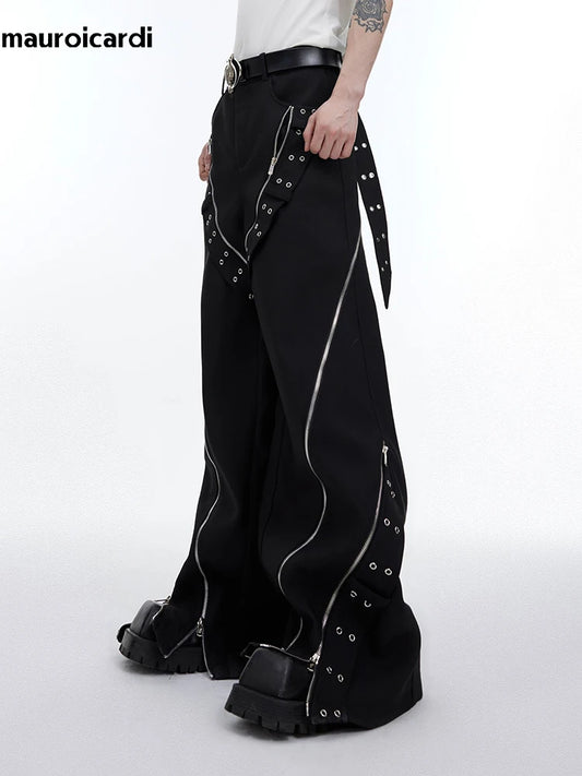 Mauroicardi Spring Cool Long Black Flowy Baggy Wide Leg Pants for Mens Streetwear Fashion Trousers Luxury Designer Clothes 2024