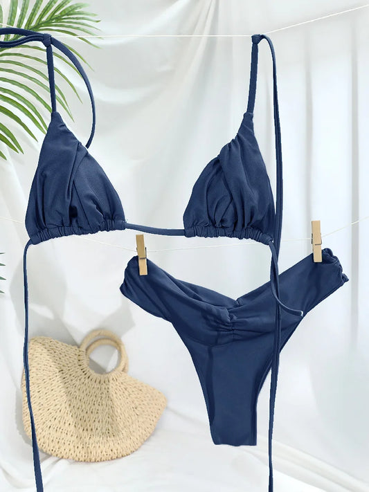 Sexy Folds Bikini Set Solid Micro Bikinis Women Swimsuit Female Triangle Swimwear Beach Wear Bathing Suit