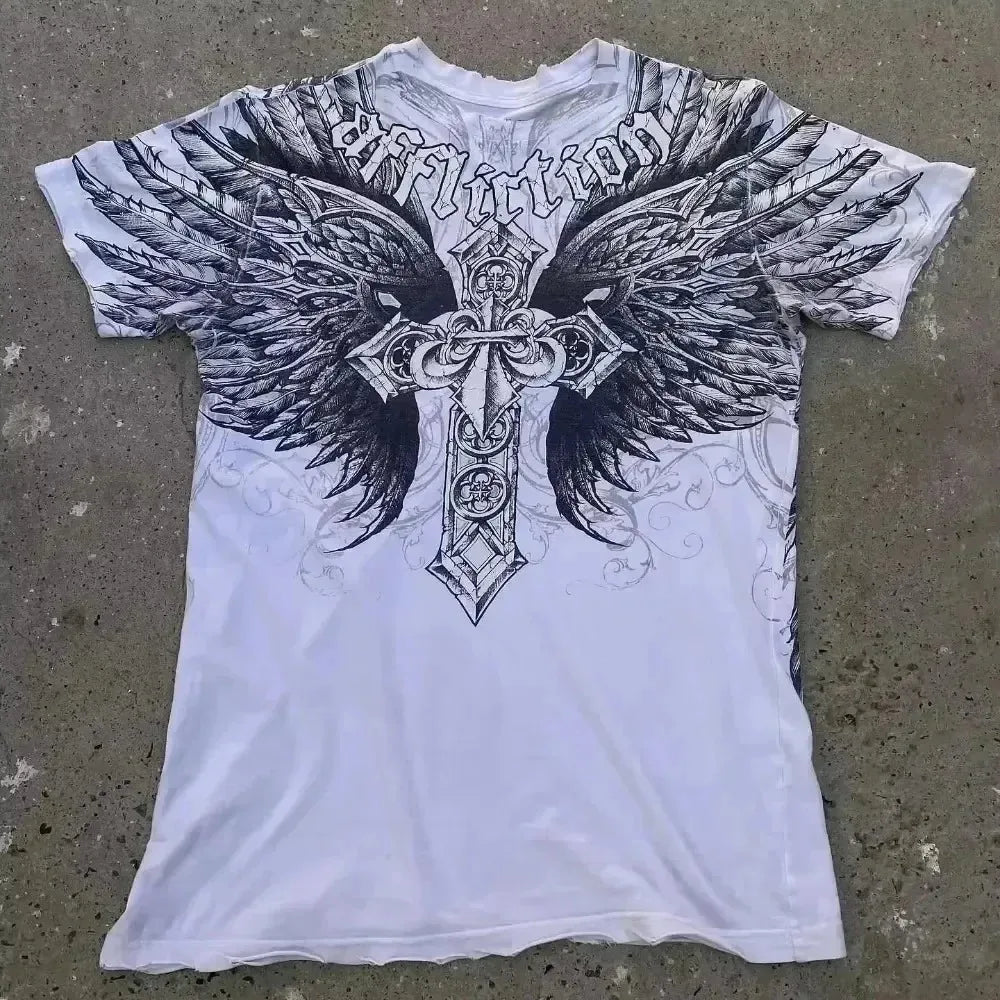 XZAVIER Gothic Rock T-Shirt Vintage Weathered Text Design Streetwear Loose Fit Cotton Unisex Tee mysticism couple clother