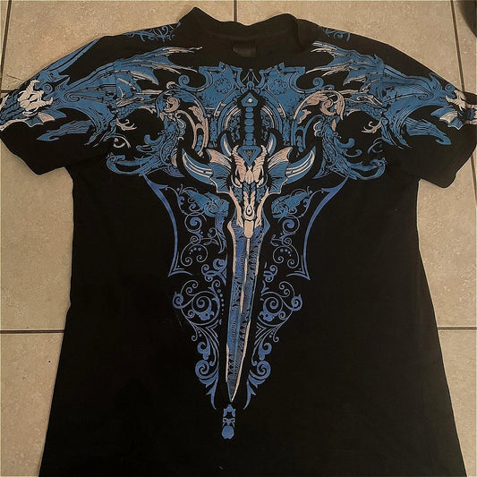 New Y2K Punk Sword Fantasy T Shirt Dark Gothic Digital Print Studs Unisex Breathable Cotton Summer Tee Rebellious Streetwear