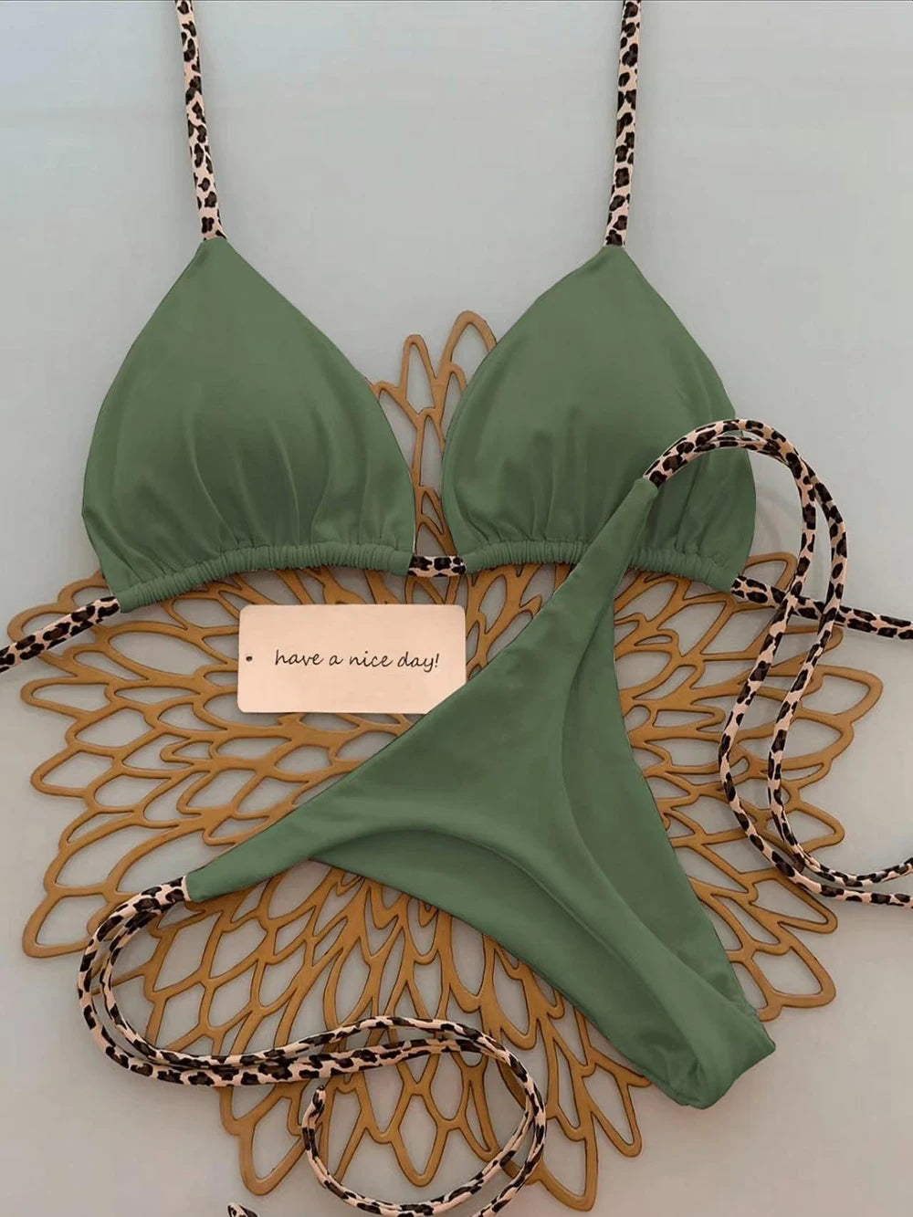 Women's Sexy Solid Halter Bikini Set Lace-Up Low Waist Two-Piece Triangle Thong Swimwear Leopard Tie On Side Brazilian Biquinis