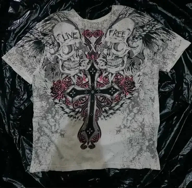 XZAVIER Gothic Rock T-Shirt Vintage Weathered Text Design Streetwear Loose Fit Cotton Unisex Tee mysticism couple clother