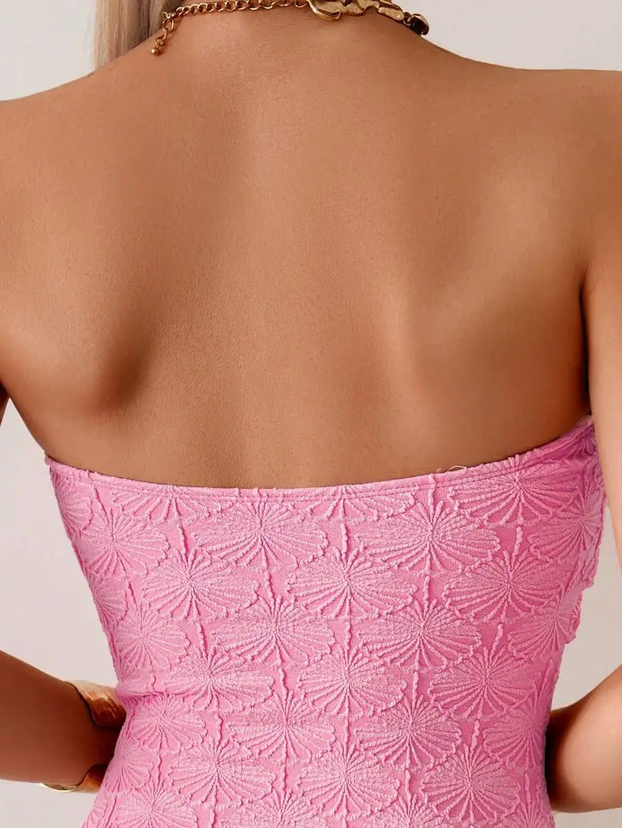 Swim Vcay Women Summer Vacation Pink Shell Jacquard Fabric Starfish Decor Bandeau One-Piece Swimsuit & Beach Outfit