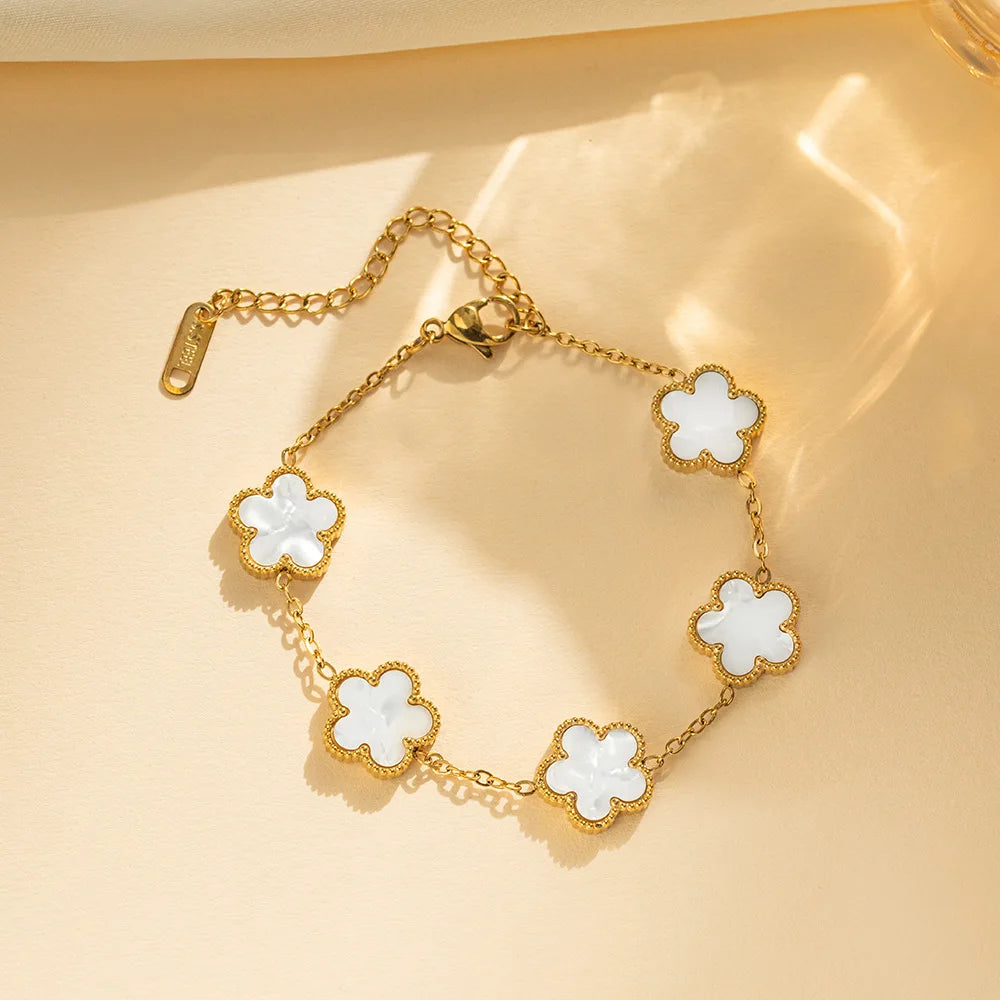 Mussel Five-Leaf Plum Blossom Stainless Steel Women's Exquisite Chain Bracelet, 18k Gold Plated, Light Luxury, Lucky Jewelry