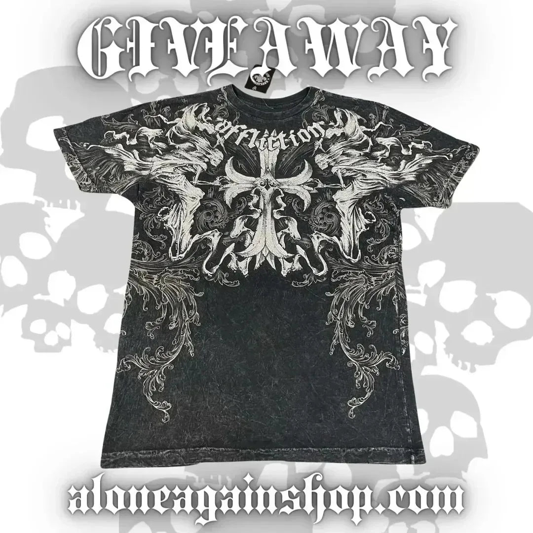 XZAVIER Gothic Rock T-Shirt Vintage Weathered Text Design Streetwear Loose Fit Cotton Unisex Tee mysticism couple clother