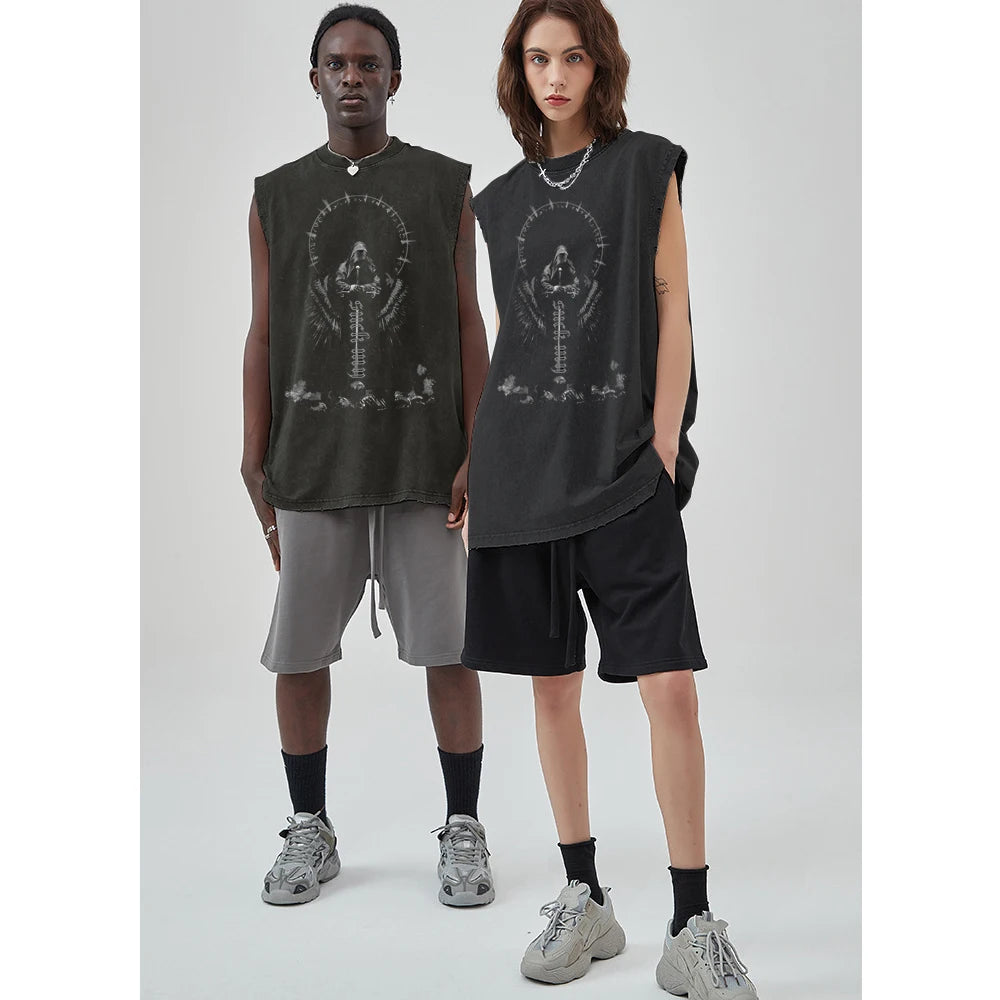 Men Y2K Tank Top 100% Cotton Vintage Black Hip Hop Punk Rock Gothic Daily Street Sleeveless Vest