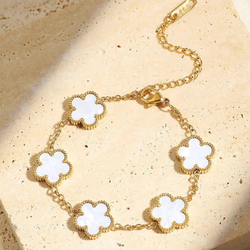 Mussel Five-Leaf Plum Blossom Stainless Steel Women's Exquisite Chain Bracelet, 18k Gold Plated, Light Luxury, Lucky Jewelry