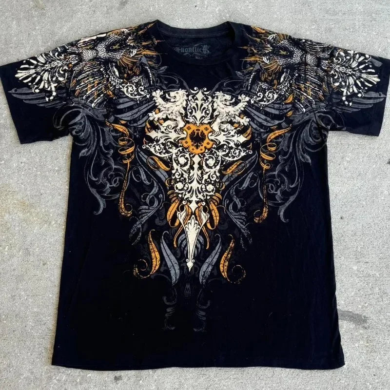 New Y2K Punk Sword Fantasy T Shirt Dark Gothic Digital Print Studs Unisex Breathable Cotton Summer Tee Rebellious Streetwear