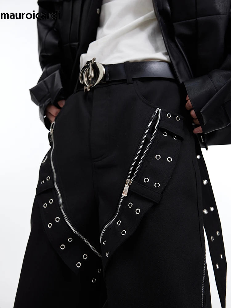 Mauroicardi Spring Cool Long Black Flowy Baggy Wide Leg Pants for Mens Streetwear Fashion Trousers Luxury Designer Clothes 2024