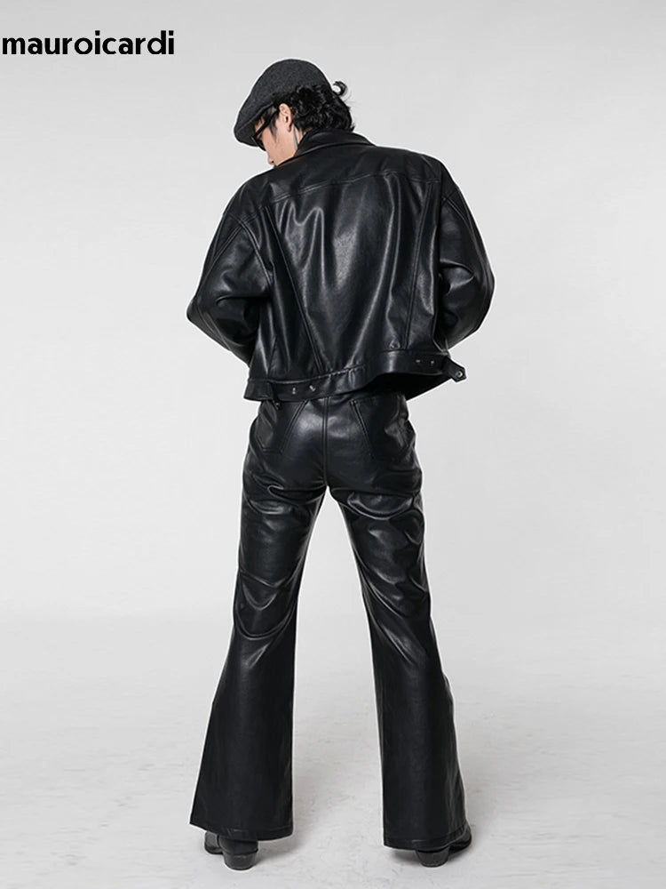 Mauroicardi Spring Autumn Cool Long Black Soft Pu Leather Flare Pants for Men High Waist American Retro Hippie Clothes 20023