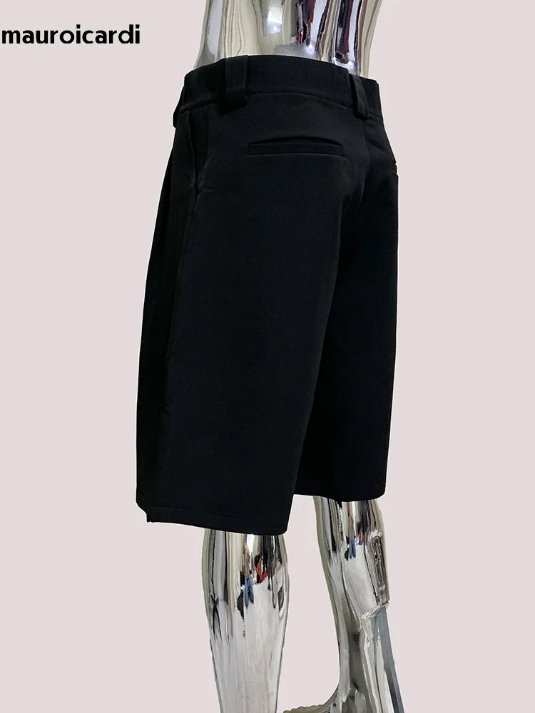 Mauroicardi Spring Summer Casual Soft Black Shorts for Men High Waist Knee Length Straight Pants Korean Fashion Clothes 2025