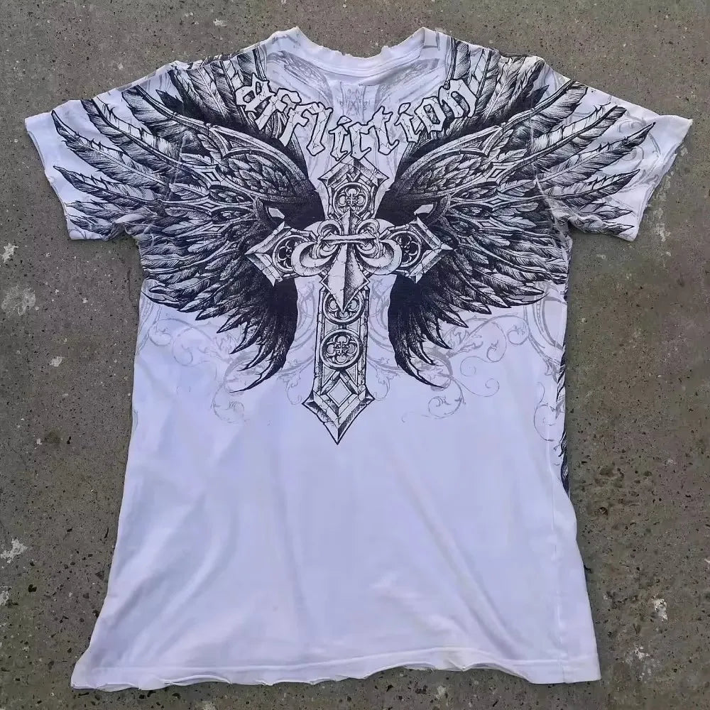 Y2K Affliction Vintage Grunge Graphic T Shirt Mens Gothic Couple Matching Tops Oversized Cotton Tee Streetwear Summer