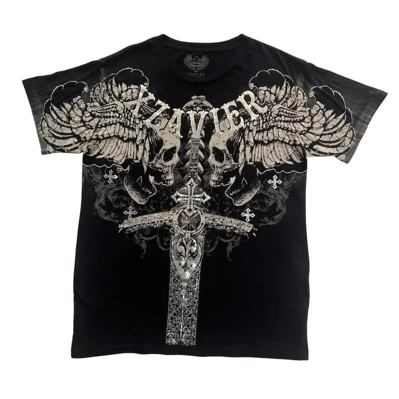 XZAVIER Gothic Rock T-Shirt Vintage Weathered Text Design Streetwear Loose Fit Cotton Unisex Tee mysticism couple clother