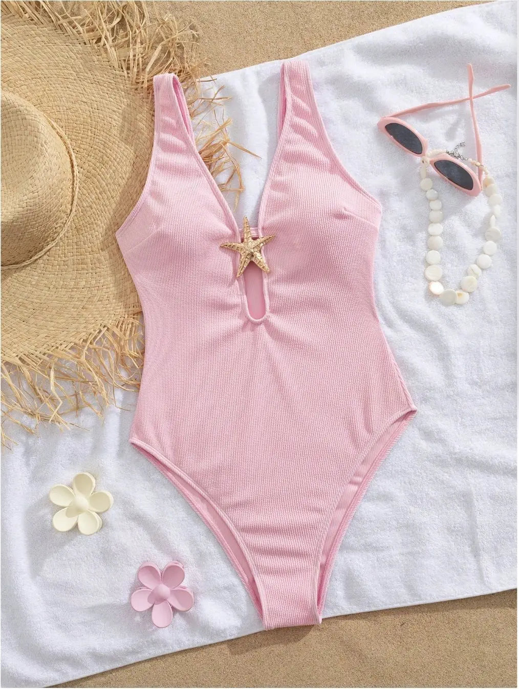 Pink One Piece Swimsuit 2026 Women Metal Starfish Ornament Hollow Out V Neck Tummy Control Swimwear Beach Bathing Suit Monokini