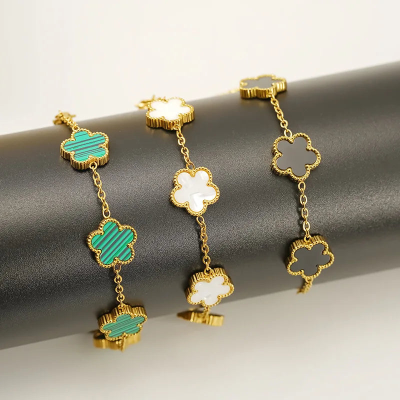 Mussel Five-Leaf Plum Blossom Stainless Steel Women's Exquisite Chain Bracelet, 18k Gold Plated, Light Luxury, Lucky Jewelry