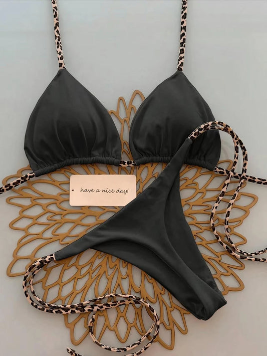 Women's Sexy Solid Halter Bikini Set Lace-Up Low Waist Two-Piece Triangle Thong Swimwear Leopard Tie On Side Brazilian Biquinis