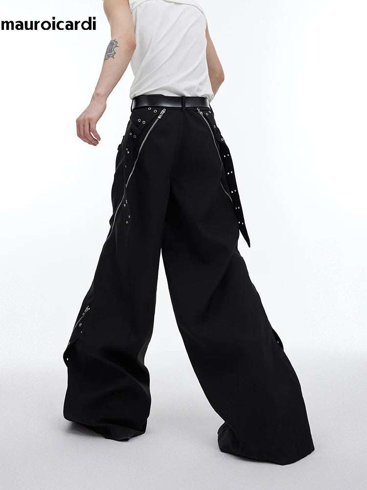 Mauroicardi Spring Cool Long Black Flowy Baggy Wide Leg Pants for Mens Streetwear Fashion Trousers Luxury Designer Clothes 2024