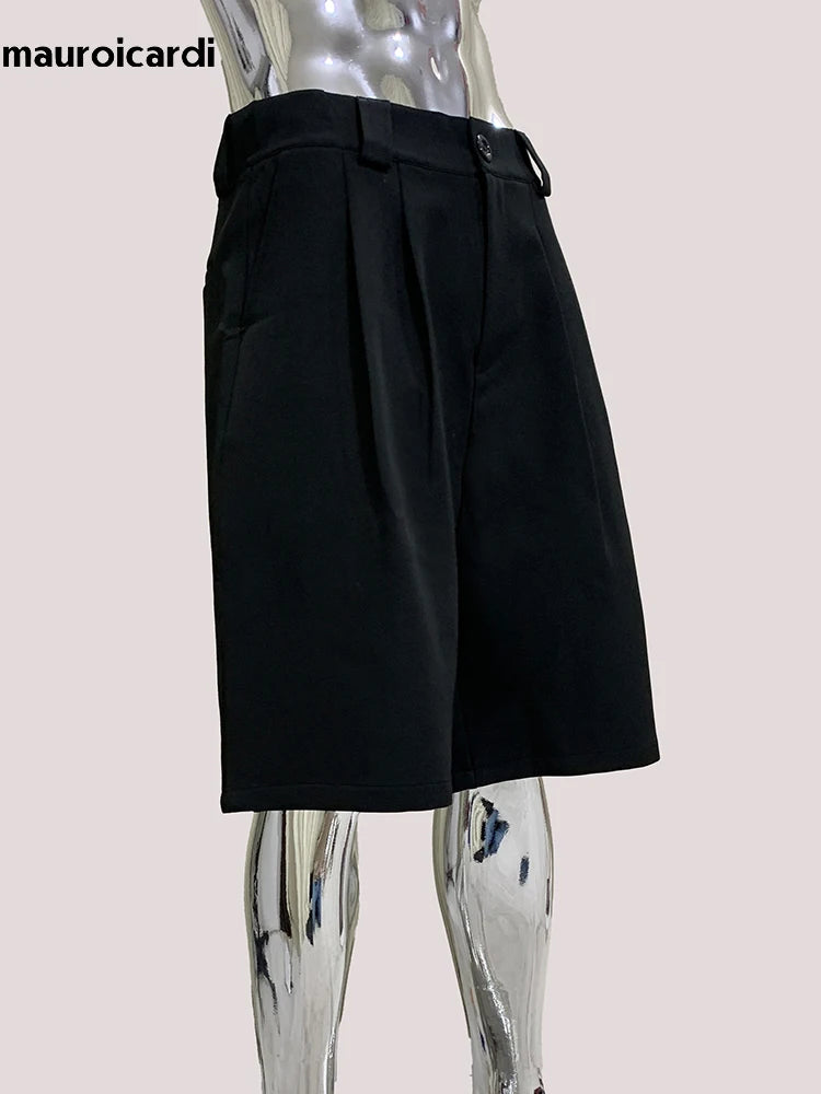 Mauroicardi Spring Summer Casual Soft Black Shorts for Men High Waist Knee Length Straight Pants Korean Fashion Clothes 2025