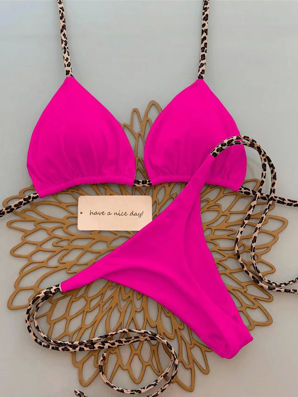 Women's Sexy Solid Halter Bikini Set Lace-Up Low Waist Two-Piece Triangle Thong Swimwear Leopard Tie On Side Brazilian Biquinis