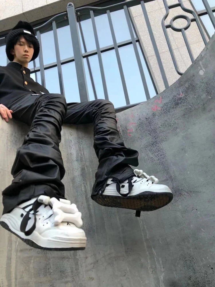 Mauroicardi Spring Autumn Long Fitted Skinny Matte Black Pu Leather Ruched Stacked Pants Men Luxury Designer Clothing Trousers
