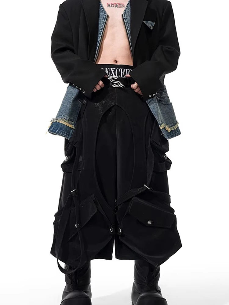 Mauroicardi Spring Summer Cool Black Cargo Shorts for Men High Waist Knee Length Straight Pants Luxury Designer Emo Clothes 2024