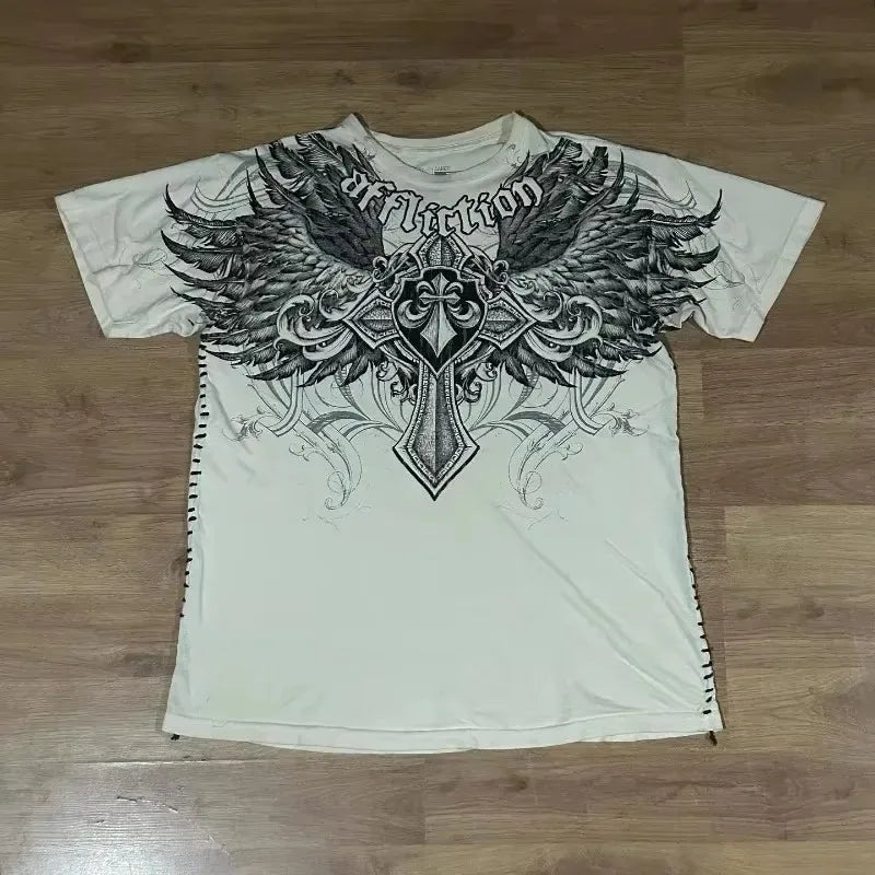 Y2K Red Affliction Cross Logo T Shirt Harajuku Skateboard Street Style Short Sleeves Gothic Summer Round Neck Couple Shirt