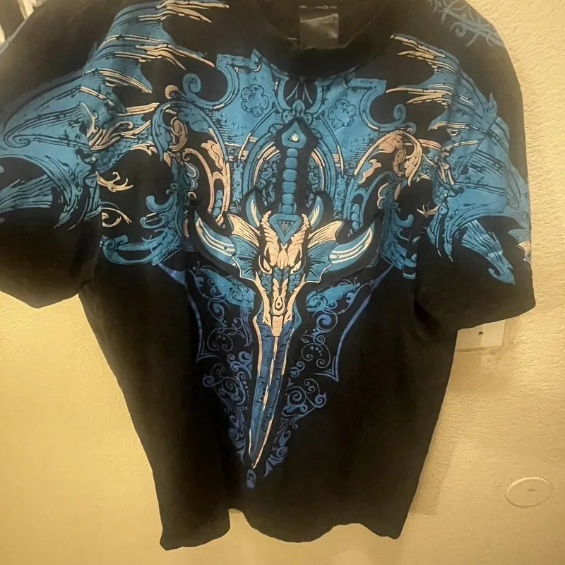 New Y2K Punk Sword Fantasy T Shirt Dark Gothic Digital Print Studs Unisex Breathable Cotton Summer Tee Rebellious Streetwear