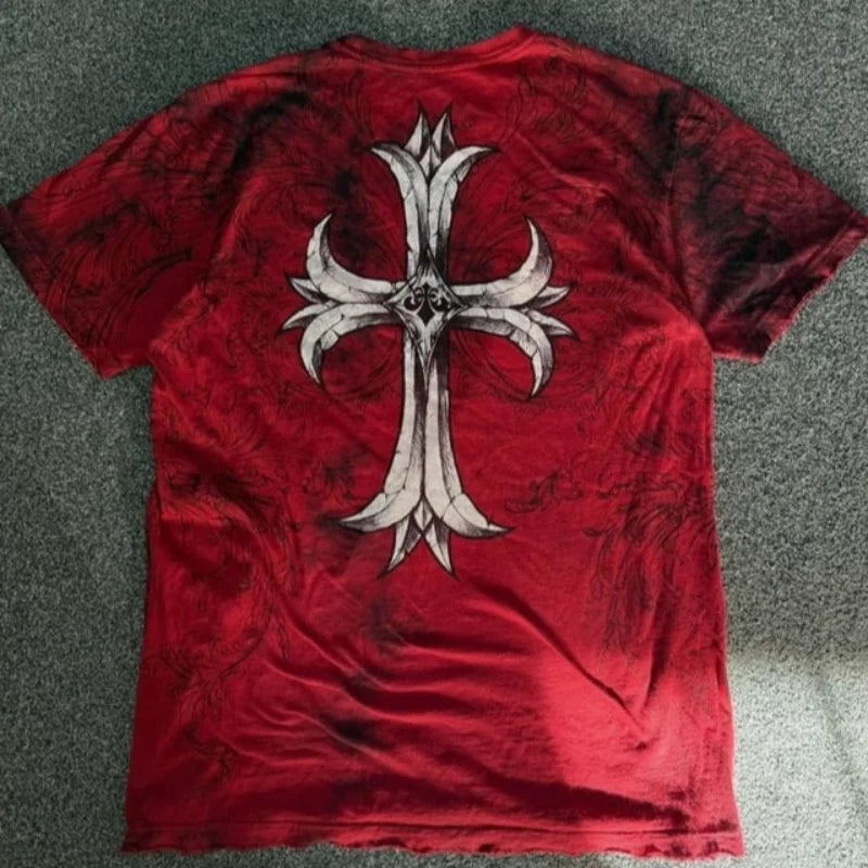 Y2K Red Affliction Cross Logo T Shirt Harajuku Skateboard Street Style Short Sleeves Gothic Summer Round Neck Couple Shirt
