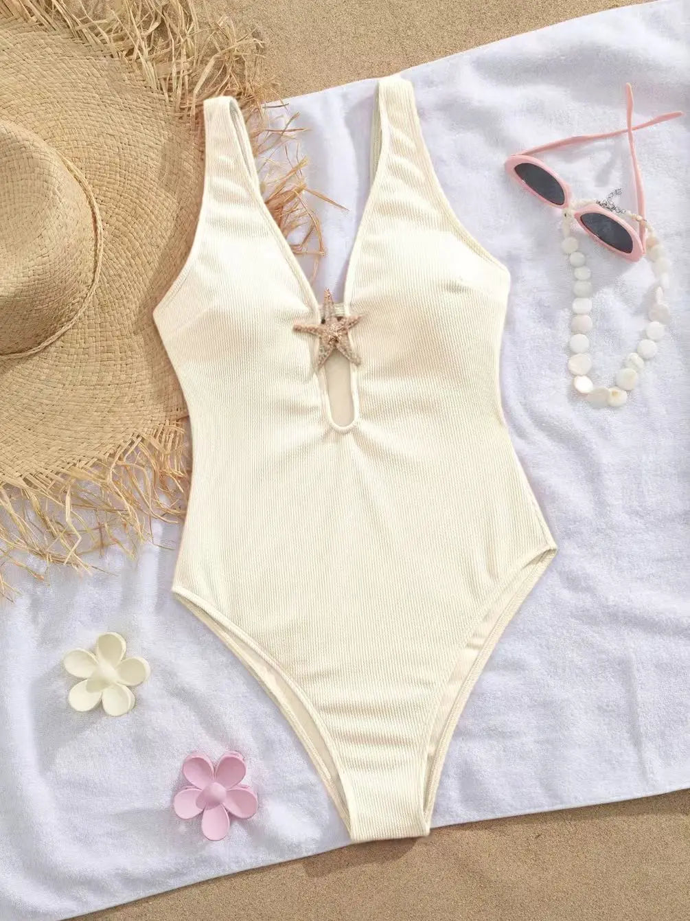 Pink One Piece Swimsuit 2026 Women Metal Starfish Ornament Hollow Out V Neck Tummy Control Swimwear Beach Bathing Suit Monokini