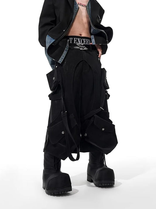 Mauroicardi Spring Summer Cool Black Cargo Shorts for Men High Waist Knee Length Straight Pants Luxury Designer Emo Clothes 2024