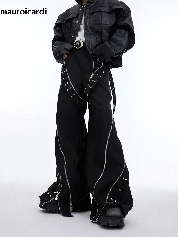 Mauroicardi Spring Cool Long Black Flowy Baggy Wide Leg Pants for Mens Streetwear Fashion Trousers Luxury Designer Clothes 2024