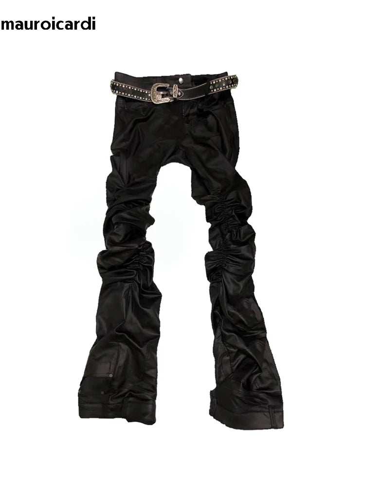 Mauroicardi Spring Autumn Long Fitted Skinny Matte Black Pu Leather Ruched Stacked Pants Men Luxury Designer Clothing Trousers