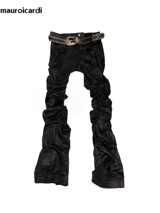 Mauroicardi Spring Autumn Long Fitted Skinny Matte Black Pu Leather Ruched Stacked Pants Men Luxury Designer Clothing Trousers