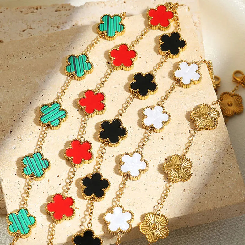 Mussel Five-Leaf Plum Blossom Stainless Steel Women's Exquisite Chain Bracelet, 18k Gold Plated, Light Luxury, Lucky Jewelry