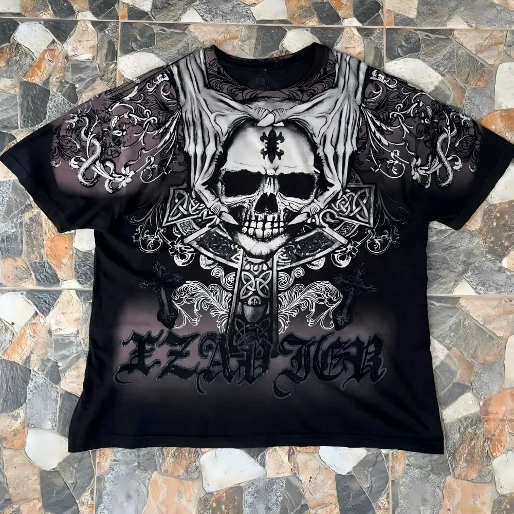 European and American men's summer Gothic skull letter print comfortable and breathable round neck T-shirt outdoor street top
