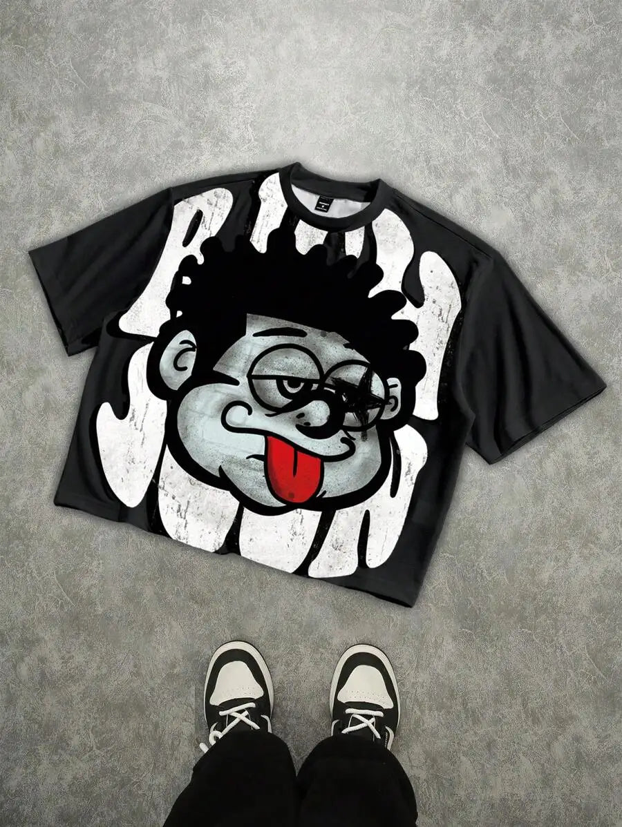 Roghcode Men's Street Loose Distressed Quirky Oversized Graphic Print Short T-Shirt Men's Cropped