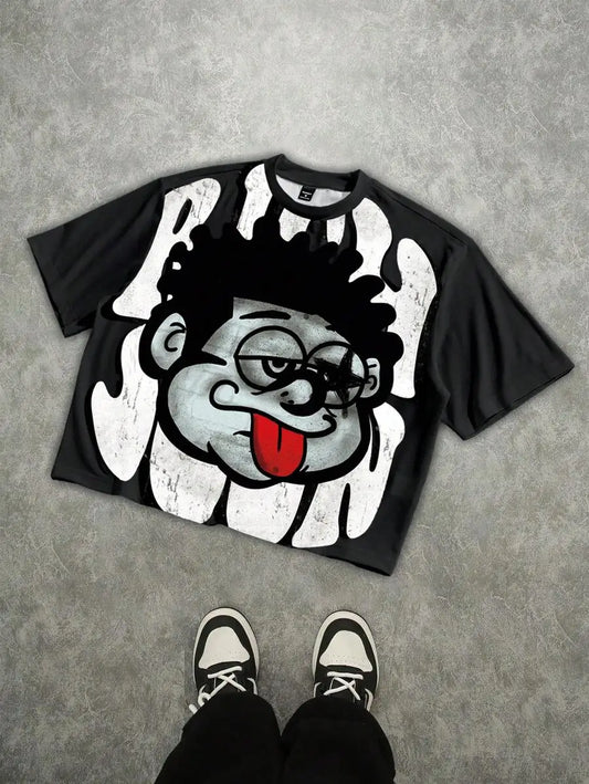 Roghcode Men's Street Loose Distressed Quirky Oversized Graphic Print Short T-Shirt Men's Cropped