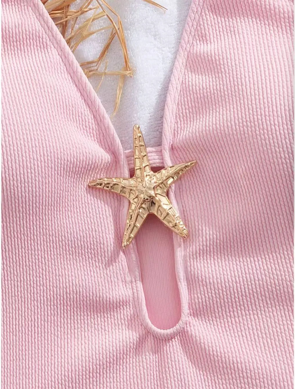 Pink One Piece Swimsuit 2026 Women Metal Starfish Ornament Hollow Out V Neck Tummy Control Swimwear Beach Bathing Suit Monokini