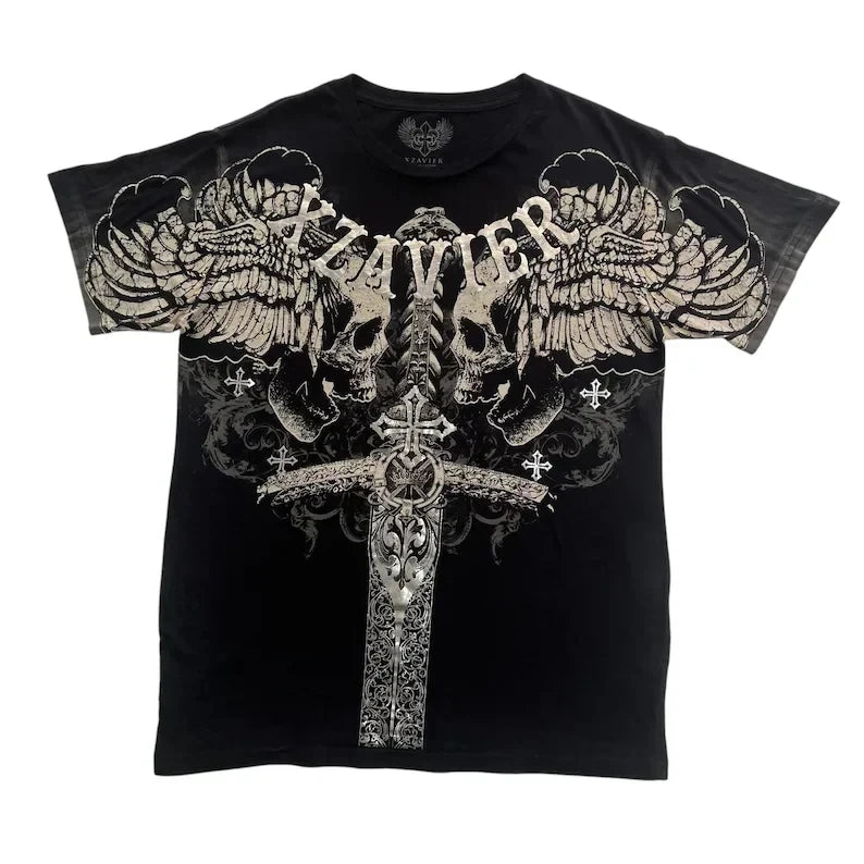 XZAVIER Gothic Rock T-Shirt Vintage Weathered Text Design Streetwear Loose Fit Cotton Unisex Tee mysticism couple clother